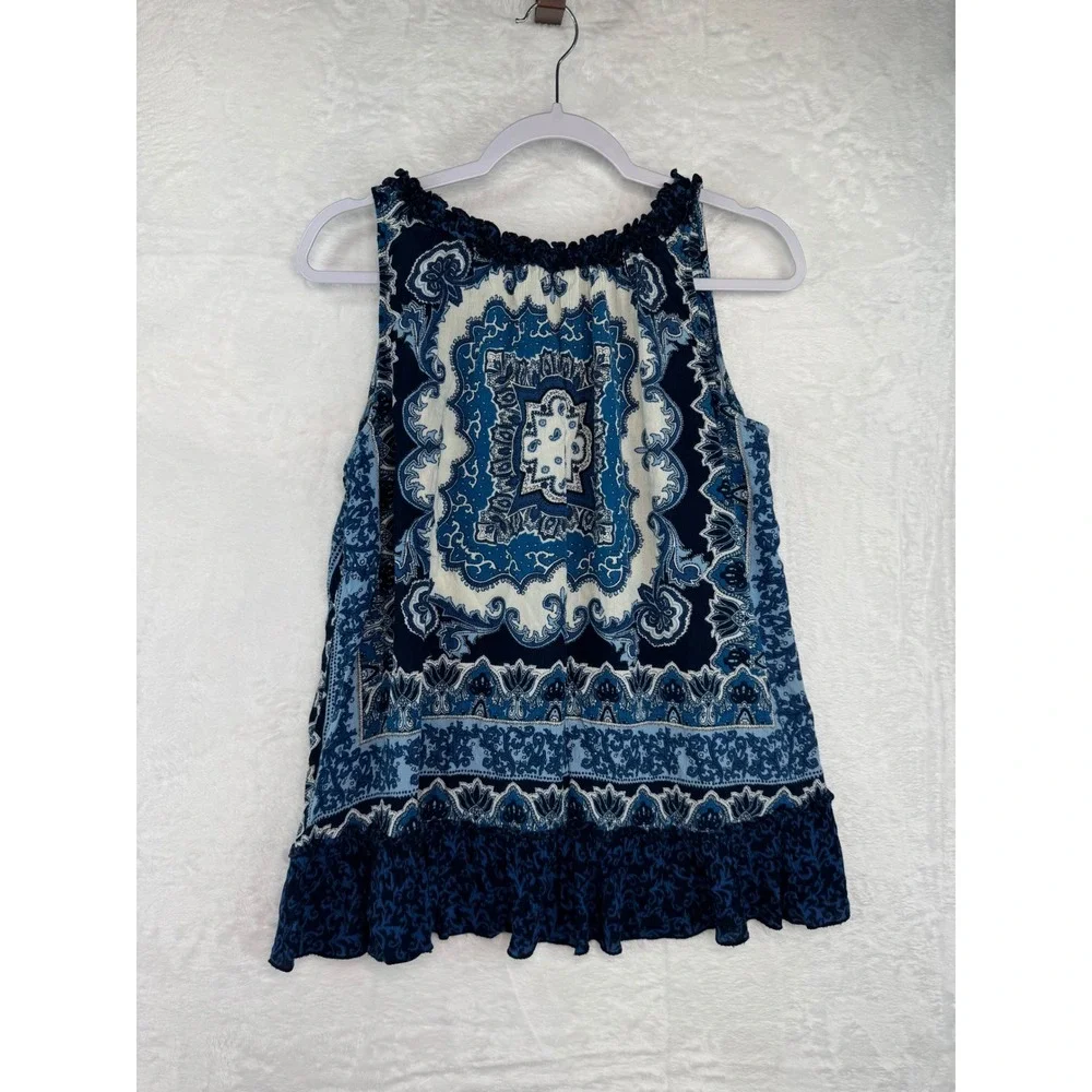 Bila Womens Blue Medallion Paisley Sleeveless Boho Ruffle Tassel Top Large - Picture 5 of 8